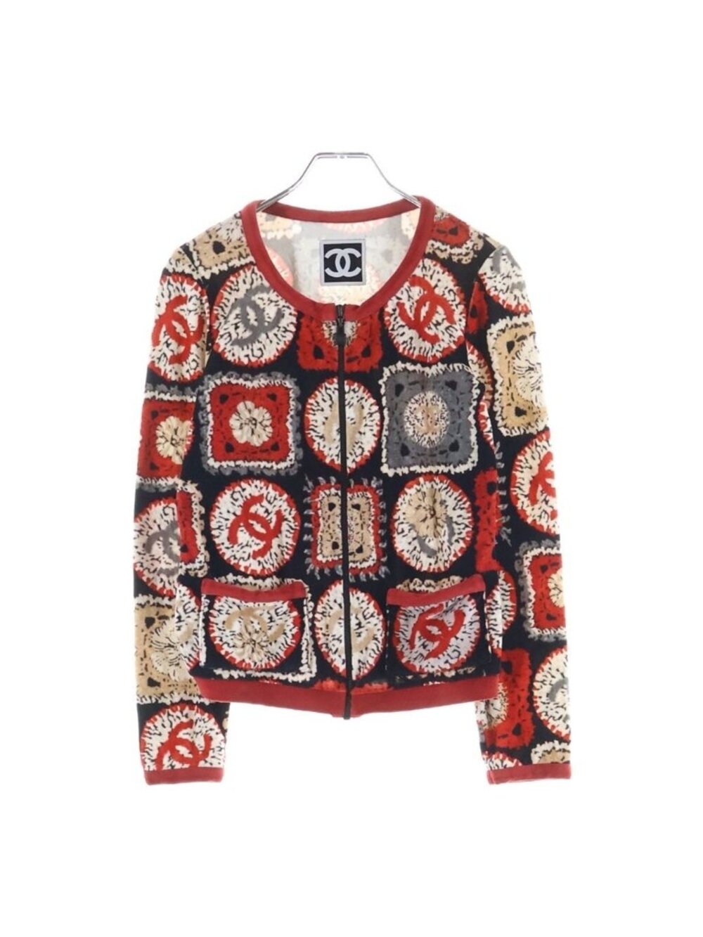 Chanel Vintage Identification Zip Up Cardigan Velour CC Logo Multicolor